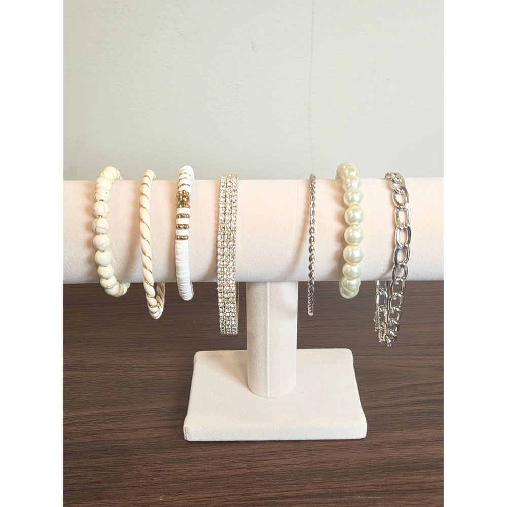7pc White Silver Tone Bracelet Set Faux Pearl Rhinestone Beaded Stackable Lot